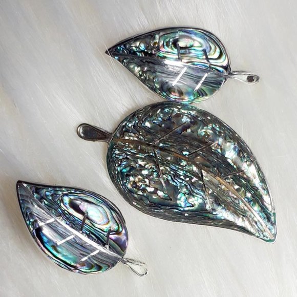 Mexican 925 Sterling Silver Pre-Eagle Abalone Leaf Brooch and Earrings - Picture 1 of 4